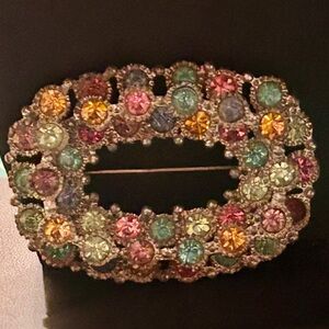 Vintage Flower Colored Rhinestone Uranium Glass Silver Brooch Pin Oval Letter O